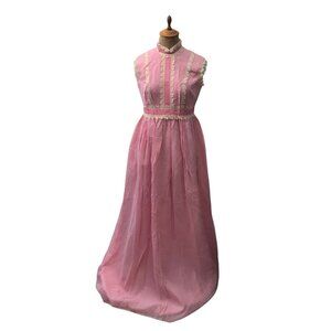 Vintage 1960s Women's Pink Maxi Dress Gingham Daisy Floral Lace Trim Size 34